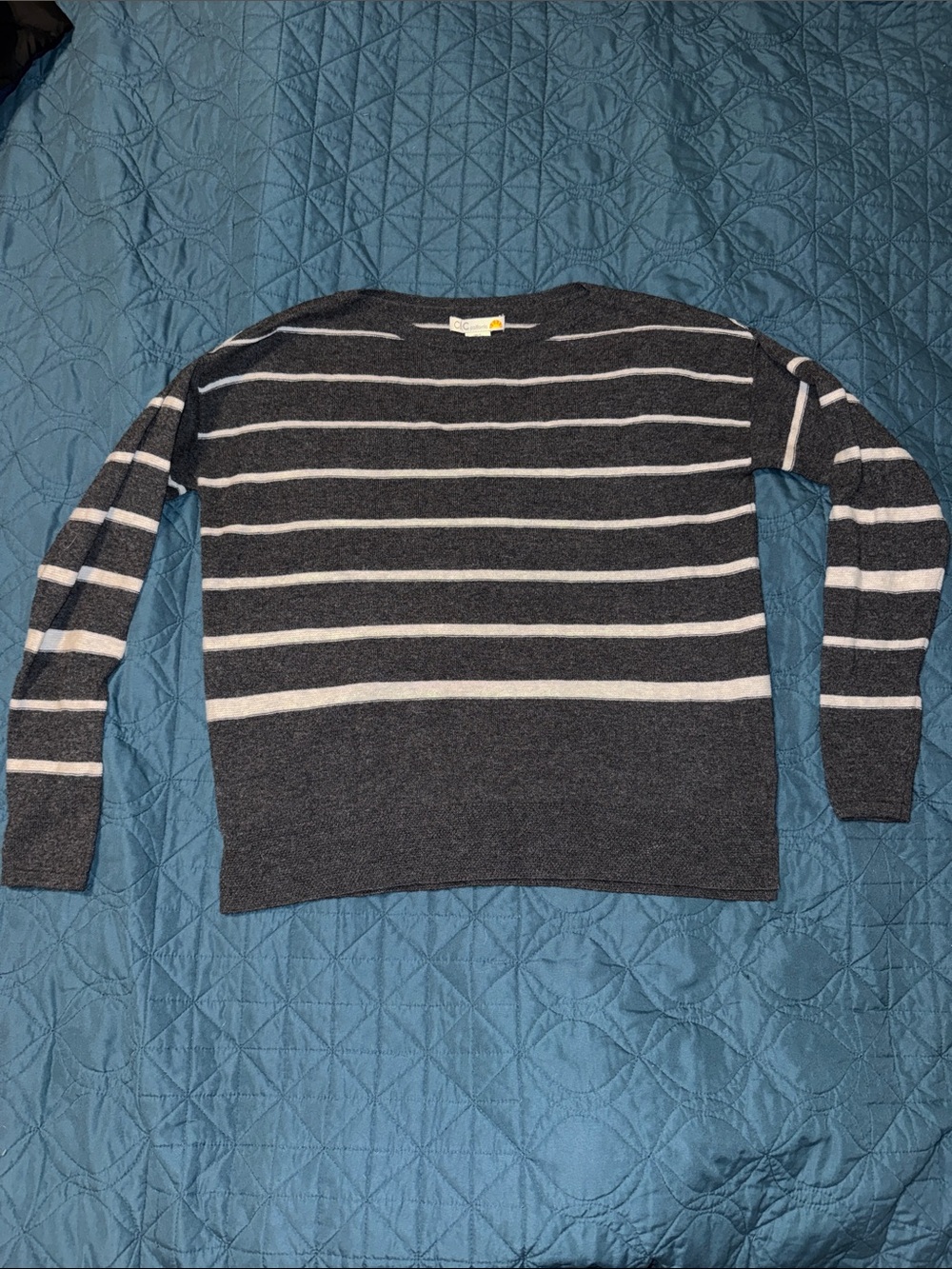 C&C California Charcoal Gray Crewneck Sweater with White Stripes